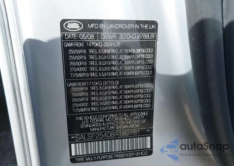 2008 Land Rover Range Rover Sport Hse из США, поврежденный, VIN SALSF25408A182781